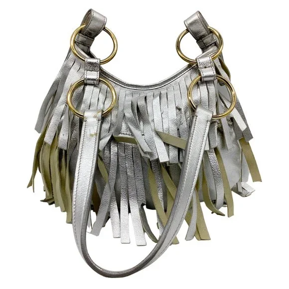 Saint Laurent Fringe Metallic Silver Leather Shoulder Bag - Picture 5 of 11